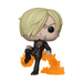 The Funko POP! One Piece: Vinsmoke Sanji (#398) vinyl figure by Funko features Sanji with blond hair, a curly eyebrow, and a suit, raising one leg surrounded by orange flames. The figure also has a small beard and a toothpick in its mouth.