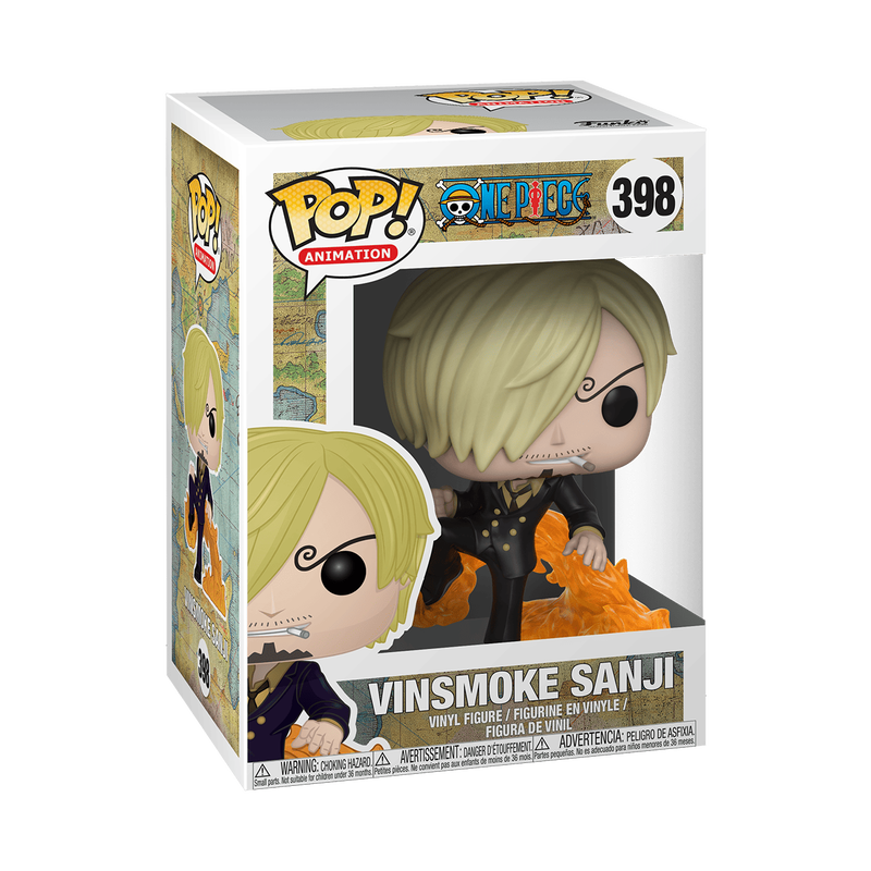 The Funko POP! One Piece: Vinsmoke Sanji (#398) vinyl figure by Funko features Sanji with blond hair, a curly eyebrow, and a suit, raising one leg surrounded by orange flames. The figure also has a small beard and a toothpick in its mouth.