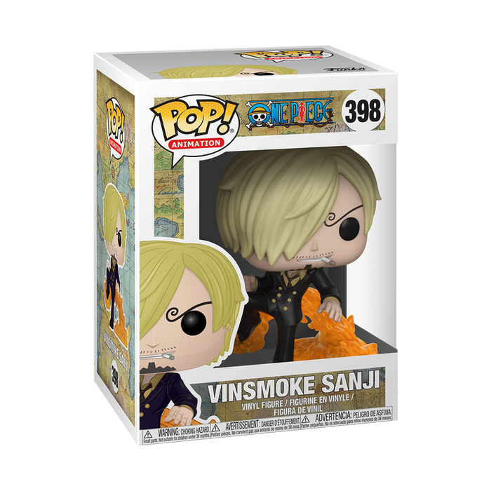 Funko POP! One Piece: Vinsmoke Sanji - #398 by Funko, features Vinsmoke Sanji posed and surrounded by orange flames on the base, displayed in its original packaging.