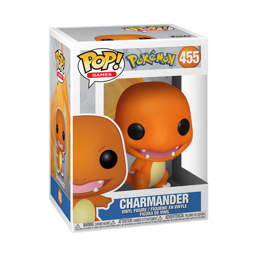 The Funko POP! Pokemon: Charmander - #455 by Funko is a collectible figure featuring the iconic orange Charmander with a big head and wide eyes, displayed in a box with a clear window. The packaging includes both Pokémon and Pop! logos, making this must-have Funko POP! Charmander perfect for any fan.