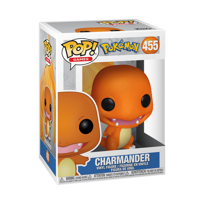 The Funko POP! Pokemon: Charmander - #455 by Funko is a collectible figure featuring the iconic orange Charmander with a big head and wide eyes, displayed in a box with a clear window. The packaging includes both Pokémon and Pop! logos, making this must-have Funko POP! Charmander perfect for any fan.
