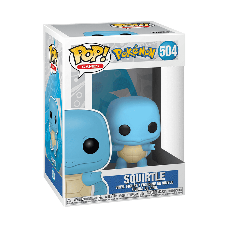 The Funko POP! Pokemon: Squirtle - #504 by Funko is a vinyl figure featuring Squirtle, the blue turtle-like Pokémon with a large head, black eyes, a cream-colored shell on its chest, and a curled tail. The figure depicts Squirtle standing on two legs with its arms outstretched.