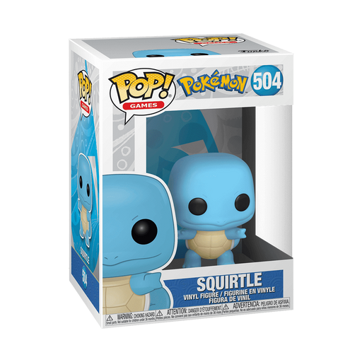 A Funko POP! Pokemon: Squirtle - #504 vinyl figure by Funko is displayed inside its mostly white box, which features colorful branding and a clear window revealing the blue Squirtle figure.