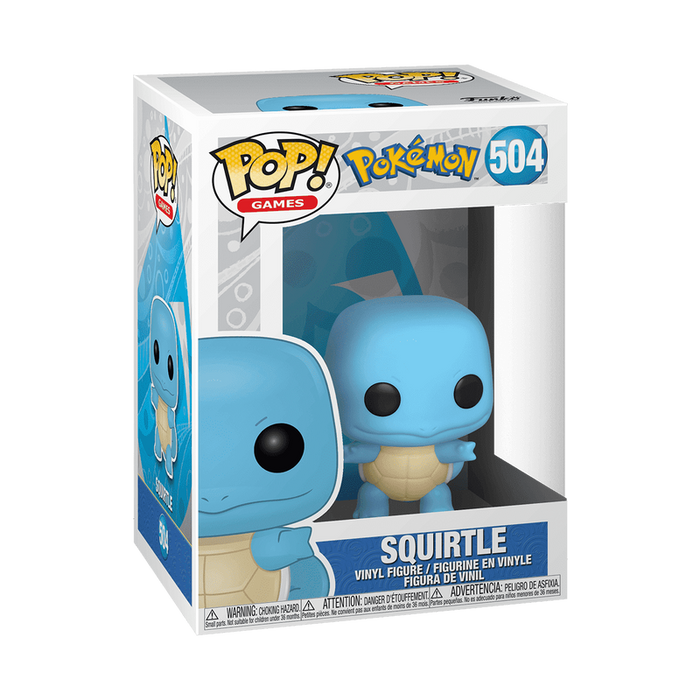 A Funko POP! Pokemon: Squirtle - #504 vinyl figure by Funko is displayed inside its mostly white box, which features colorful branding and a clear window revealing the blue Squirtle figure.