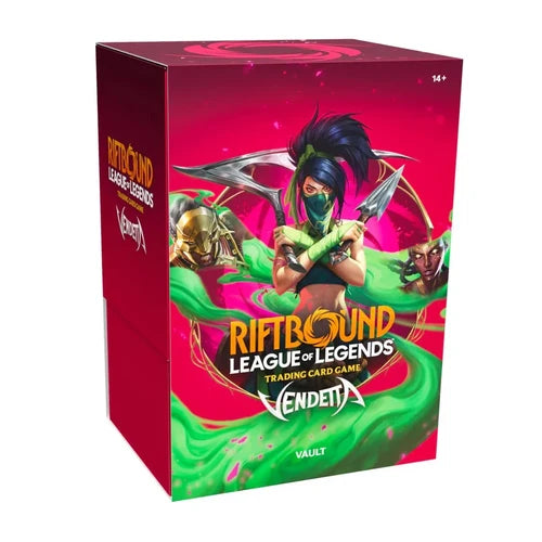 A box of Riftbound: League of Legends TCG - Vendetta Vault Bundle by Riot Games Inc. The box is primarily red and showcases artwork featuring several characters alongside the game’s logo on the front.
