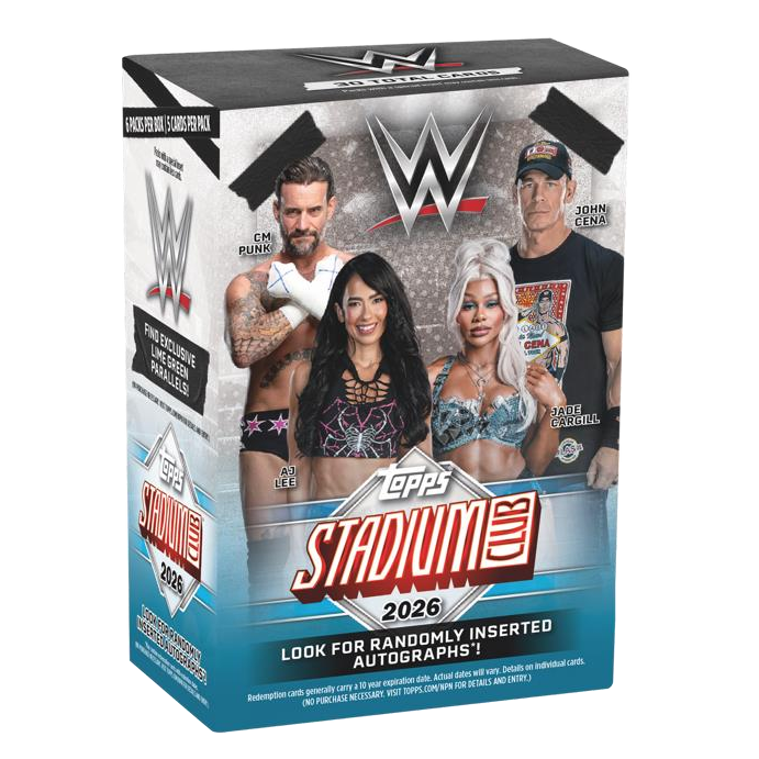 Topps WWE Stadium Club 2026 Value Box featuring imagery of CM Punk, AJ Lee, Jade Cargill, and John Cena with the WWE logo.