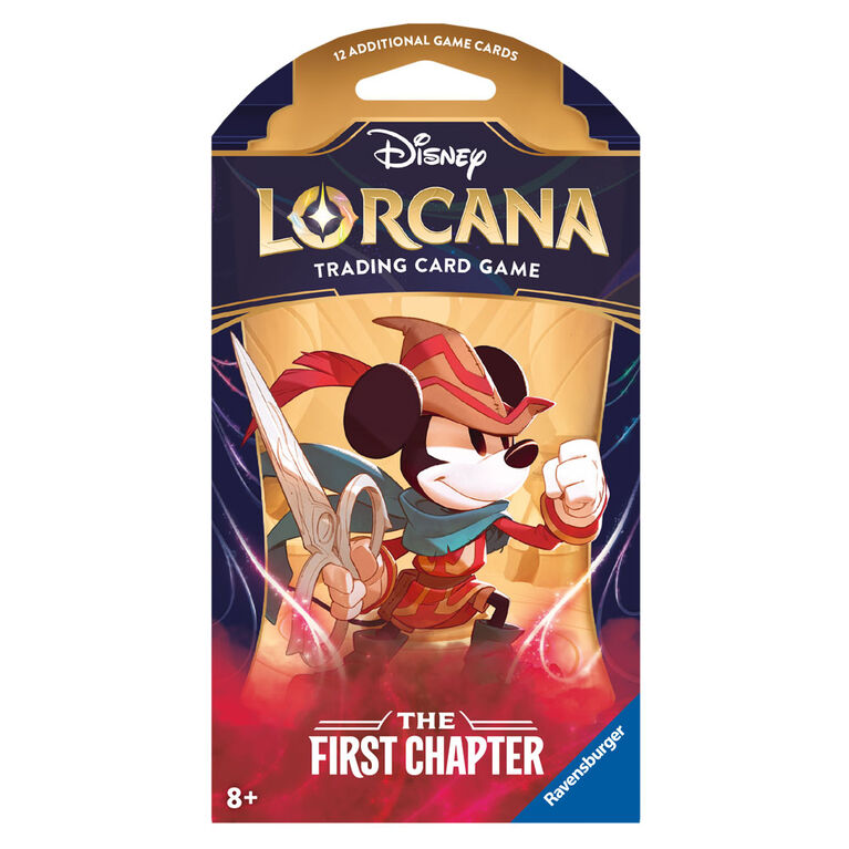 Three Disney Lorcana: The First Chapter Sleeved Booster Packs by Ravensburger are displayed, each with unique artwork—Maleficent, Elsa, and Mickey Mouse—on vibrant blue, purple, and red backgrounds.