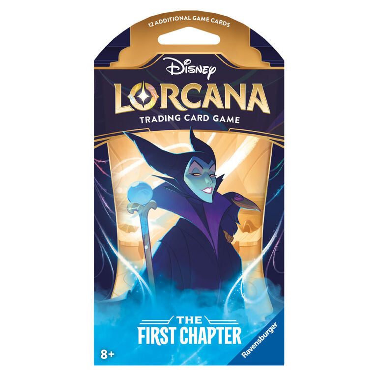 The Disney Lorcana: The First Chapter Sleeved Booster Pack by Ravensburger features a villain in dark robes with a staff against a glowing backdrop. Ideal for ages 8+.
