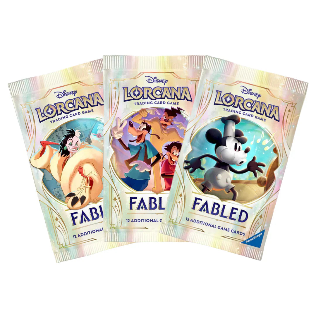 Three Ravensburger Disney Lorcana: Fabled booster packs with decorative packaging featuring Belle, Elsa, Mickey Mouse, and Captain Hook—ideal for expanding your Disney Lorcana: Fabled - Collection Starter Set.