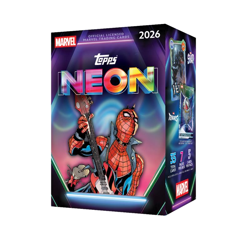 Topps Marvel 2026 Neon Value Box featuring Spider-Man playing an electric guitar, with text indicating 35 total cards, 7 packs per box, and 5 cards per pack.