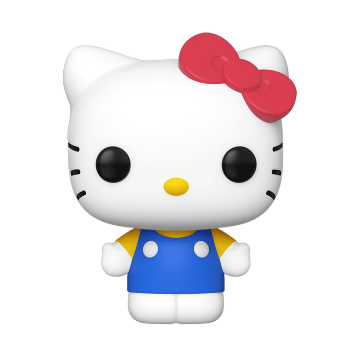 A Funko POP! Sanrio: Hello Kitty Classic (#28) vinyl figure by Funko, featuring the iconic white cartoon cat with a red bow, yellow nose, black eyes, blue dress, and yellow shirt, standing on a plain white background.