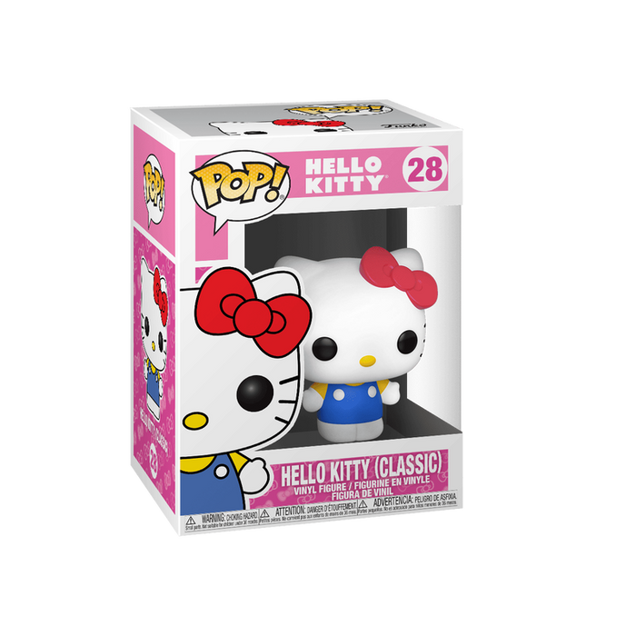 A Funko POP! Sanrio: Hello Kitty Classic - #28 vinyl figure by Funko, featuring Hello Kitty with a red bow and blue dress, comes packaged in a pink and white display box labeled “Hello Kitty 28.”.