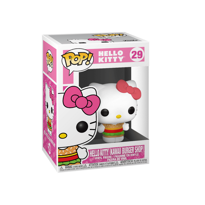 Funko POP! Sanrio: Hello Kitty Kawaii Burger Shop - #29 by Funko features Hello Kitty dressed as a burger, packaged in a clear display box with pink accents and the number 29 in the top right corner.