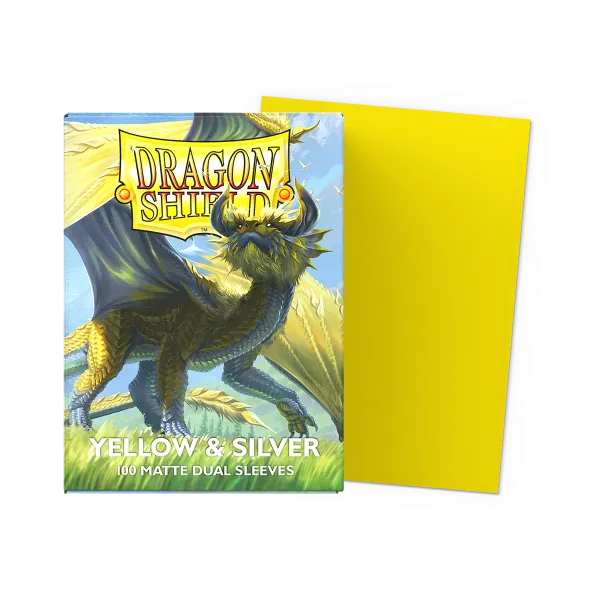 Box of 100 Dragon Shield: Matte Dual Sleeves featuring a green and gold dragon illustration, shown next to a single solid yellow sleeve.