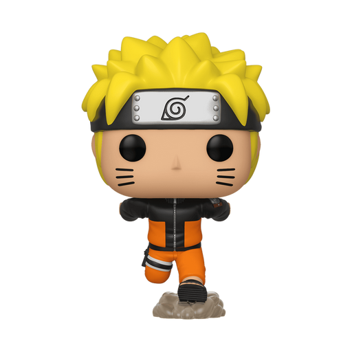 A Funko POP! Naruto: Naruto Uzumaki - #727 vinyl figure by Funko, featuring the anime character with spiky yellow hair, a headband, and an orange jumpsuit in a running pose, complete with black whisker marks on its cheeks.
