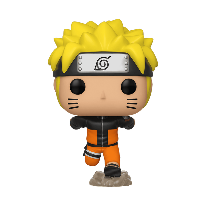 A Funko POP! Naruto: Naruto Uzumaki - #727 vinyl figure by Funko, featuring the anime character with spiky yellow hair, a headband, and an orange jumpsuit in a running pose, complete with black whisker marks on its cheeks.