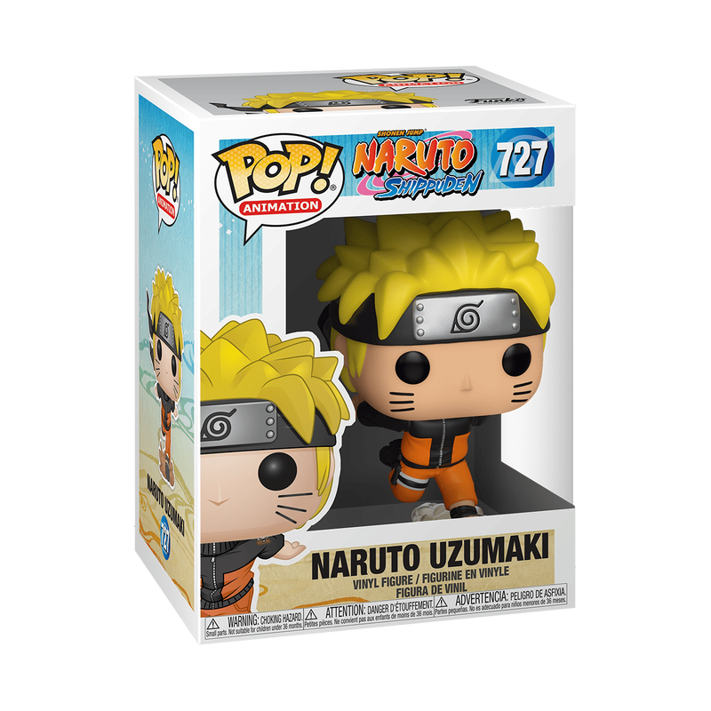 Funko POP! Naruto Uzumaki - #727 by Funko features the iconic character from Naruto Shippuden, showcasing his yellow spiky hair, orange outfit, and a headband with a leaf symbol. The vinyl figure comes packaged in a display box.