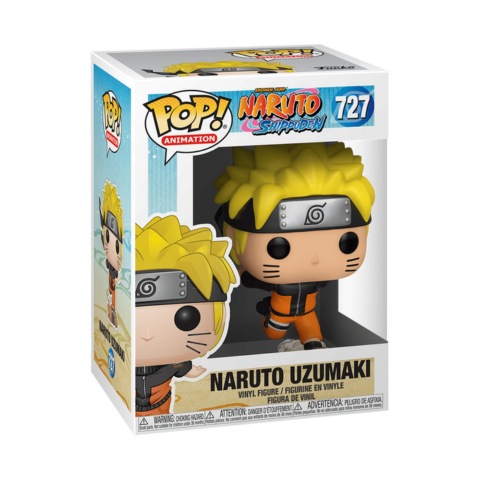 Funko POP! Naruto Uzumaki - #727 by Funko features the iconic character from Naruto Shippuden, showcasing his yellow spiky hair, orange outfit, and a headband with a leaf symbol. The vinyl figure comes packaged in a display box.