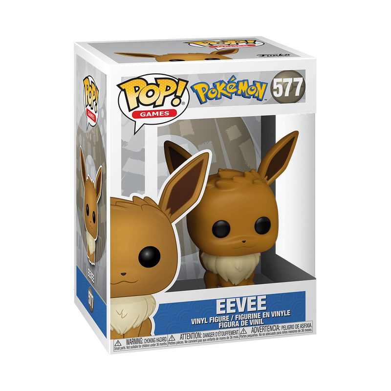 Funko POP! Pokemon: Eevee - #577 by Funko is a brown vinyl figure featuring large ears and black eyes, packaged in a display box with clear window. The box displays both Pokémon and Funko POP! branding and is labeled with the number 577.