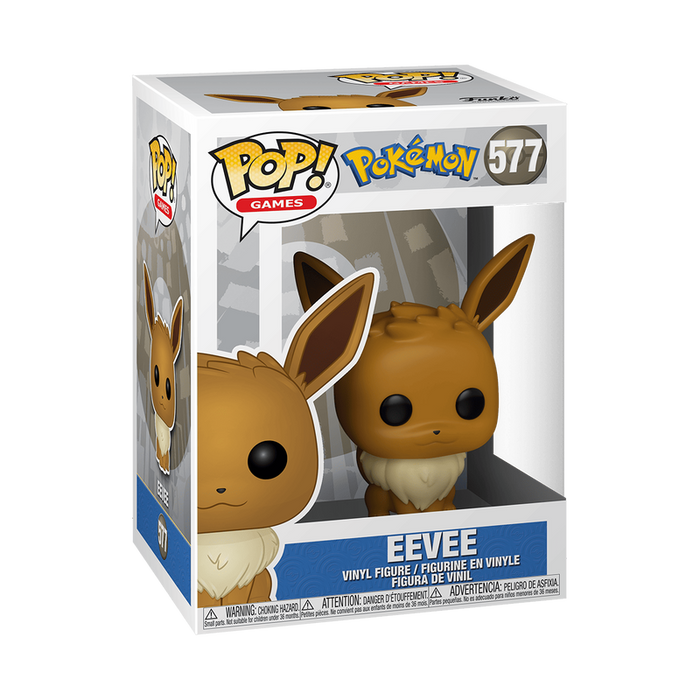 Funko POP! Pokemon: Eevee - #577 by Funko is a brown vinyl figure featuring large ears and black eyes, packaged in a display box with clear window. The box displays both Pokémon and Funko POP! branding and is labeled with the number 577.