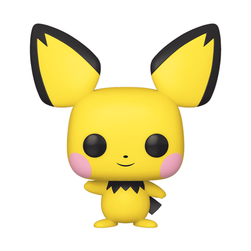 A Funko POP! Pokemon: Pichu #579 vinyl figure by Funko, Inc., featuring the yellow Pokémon Pichu with large black-tipped ears, black eyes, pink cheeks, a small black ruff around its neck, and standing on two feet with one arm raised.