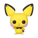 A Funko POP! Pokemon: Pichu #579 vinyl figure by Funko, Inc., featuring the yellow Pokémon Pichu with large black-tipped ears, black eyes, pink cheeks, a small black ruff around its neck, and standing on two feet with one arm raised.