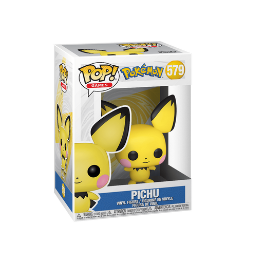 The Funko POP! Pokemon: Pichu #579 by Funko, Inc. comes in a display box with a clear window, allowing you to easily admire your Pichu figure. The packaging features bright images and official branding, highlighting the cheerful yellow Pichu character with its large ears and signature pink cheeks.