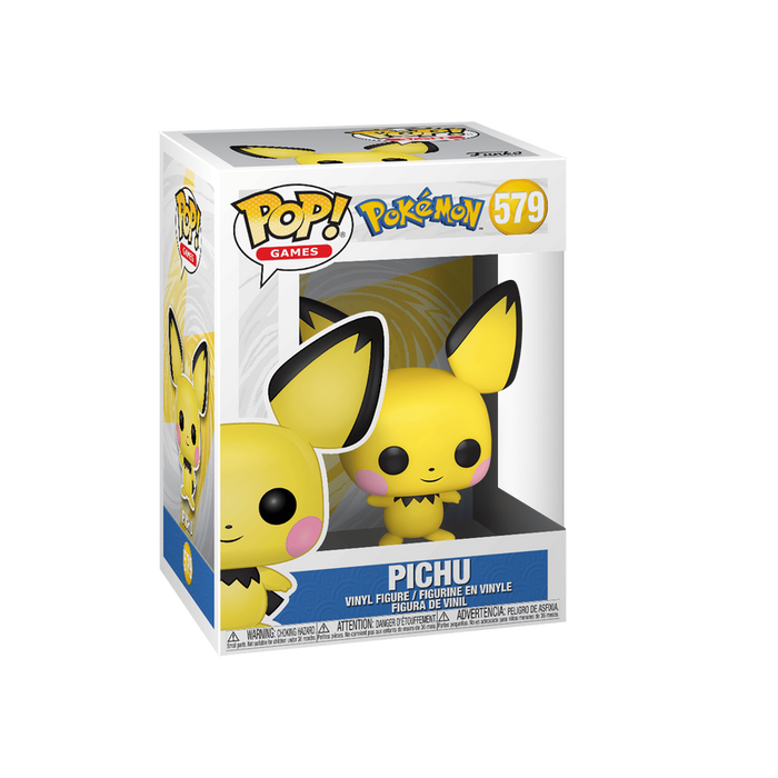 The Funko POP! Pokemon: Pichu #579 by Funko, Inc. comes in a display box with a clear window, allowing you to easily admire your Pichu figure. The packaging features bright images and official branding, highlighting the cheerful yellow Pichu character with its large ears and signature pink cheeks.