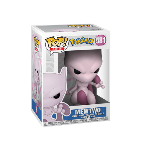 The Funko POP! Pokemon: Mewtwo - #581 by Funko comes in its original box, showcasing the stylized, large-headed Mewtwo figure through a clear plastic window on the front. This collectible vinyl figure is part of the popular POP Games series and is an excellent addition for Pokémon fans and collectors alike.