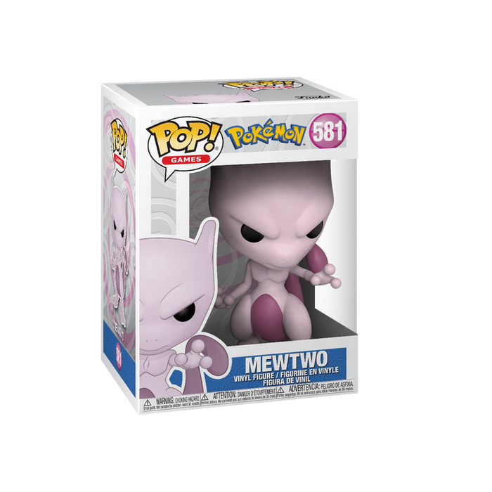 The Funko POP! Pokemon: Mewtwo - #581 by Funko comes in its original box, showcasing the stylized, large-headed Mewtwo figure through a clear plastic window on the front. This collectible vinyl figure is part of the popular POP Games series and is an excellent addition for Pokémon fans and collectors alike.