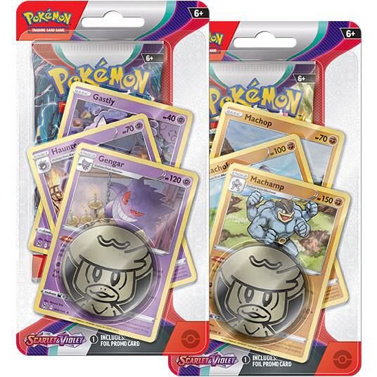 Two Pokémon TCG: Scarlet & Violet Base Set 1-Pack Checklane Premium Blisters, each containing a booster pack, a foil promo card, and a metallic coin.