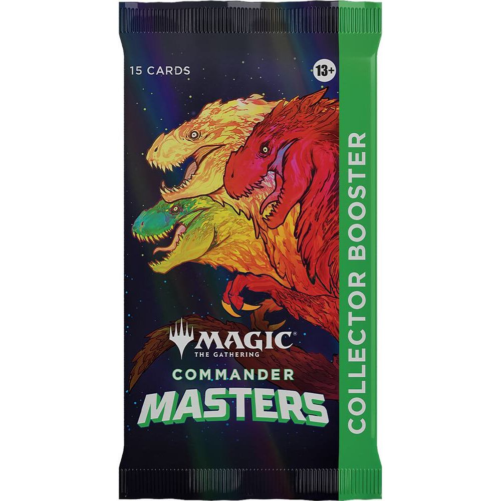 A Magic: The Gathering - Commander Masters Collector Booster Display box featuring a large, stylized, multifaceted pink and blue lotus flower graphic, with the text COMMANDER MASTERS on the front and COLLECTOR BOOSTERS on the side.