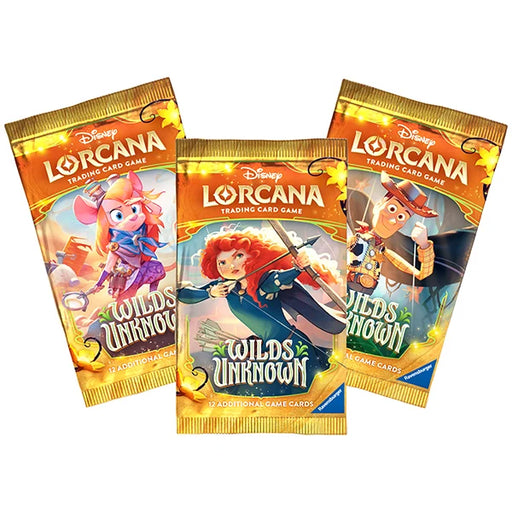 Three Ravensburger Disney Lorcana: Wilds Unknown Booster Packs, each showcasing unique and vibrant packaging, are perfect for expanding your Disney Lorcana trading card game collection.
