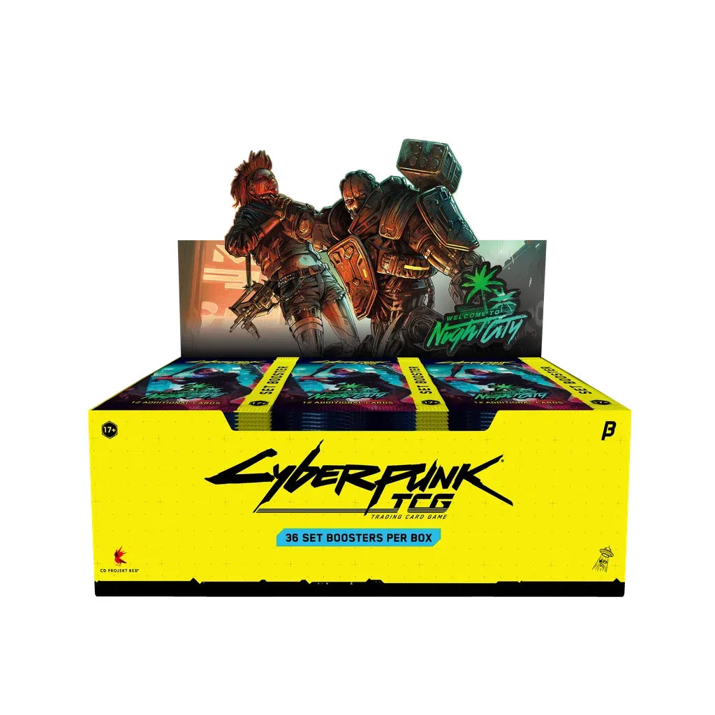 Cyberpunk TCG: Welcome To Night City Beta Booster Box with yellow packaging and a display topper showing an illustrated fight scene between two characters.