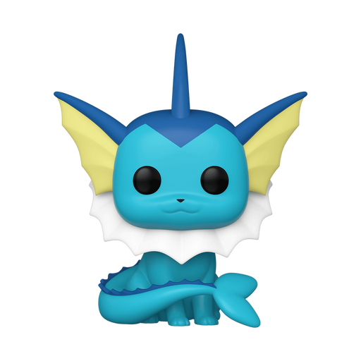 The Funko POP! Pokemon: Vaporeon - #627 by Funko showcases a blue aquatic Pokémon with large yellow fins, black eyes, and a white frilled collar, sitting facing forward on a white background. This adorable collectible figure is perfect for any fan’s collection.