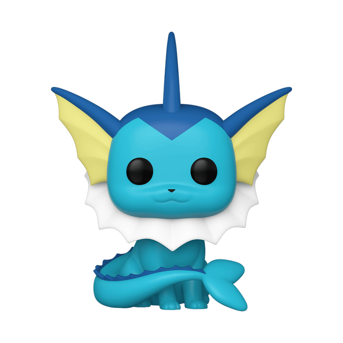 The Funko POP! Pokemon: Vaporeon - #627 by Funko showcases a blue aquatic Pokémon with large yellow fins, black eyes, and a white frilled collar, sitting facing forward on a white background. This adorable collectible figure is perfect for any fan’s collection.