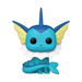 The Funko POP! Pokemon: Vaporeon - #627 by Funko showcases a blue aquatic Pokémon with large yellow fins, black eyes, and a white frilled collar, sitting facing forward on a white background. This adorable collectible figure is perfect for any fan’s collection.