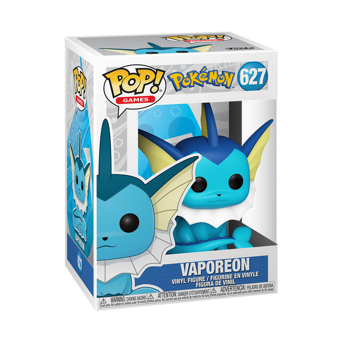 A Funko POP! Pokemon: Vaporeon - #627 figure by Funko is displayed in its box, showing Vaporeon’s large eyes and blue fins through the clear front window. The packaging highlights both Pokémon branding and images of the Funko POP! Vaporeon.