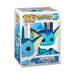 A Funko POP! Pokemon: Vaporeon - #627 figure by Funko is displayed in its box, showing Vaporeon’s large eyes and blue fins through the clear front window. The packaging highlights both Pokémon branding and images of the Funko POP! Vaporeon.