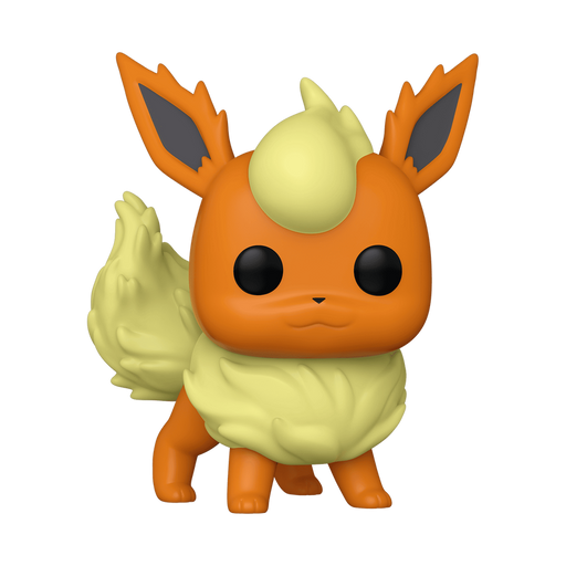 Funko POP! Pokemon: Flareon - #629 by Funko, a vinyl figure depicting the fire-type Pokémon with an orange body, cream-colored fluffy chest and tail, flame-shaped ears, and large black eyes, displayed on a white background.