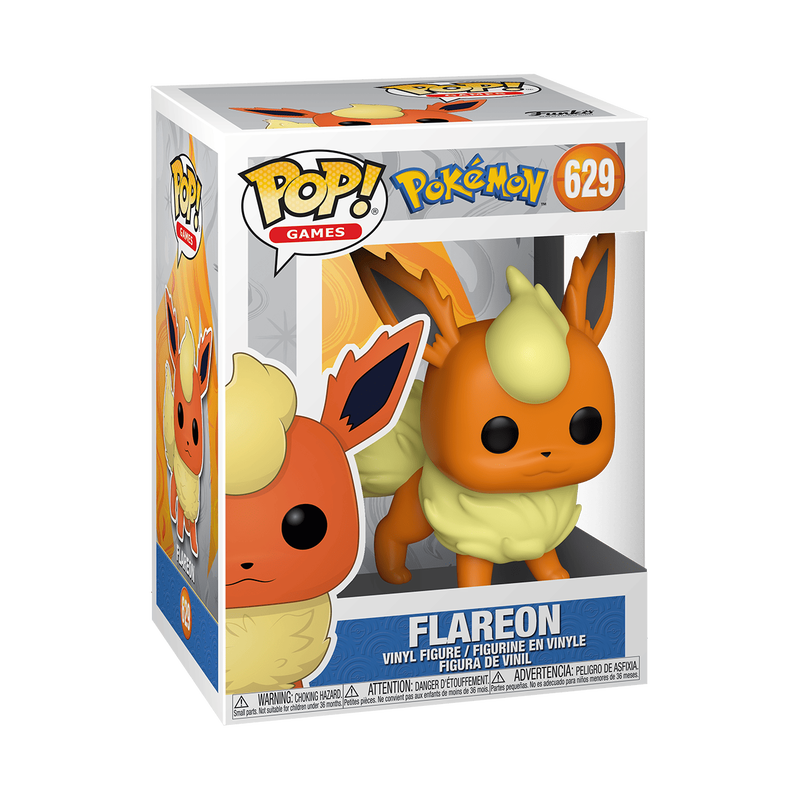 Funko POP! Pokemon: Flareon - #629 by Funko comes in a display box featuring branding and character imagery, and showcases the orange, fox-like Flareon with yellow fur accents.
