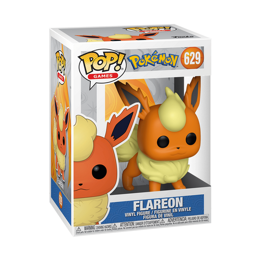 Funko POP! Pokemon: Flareon - #629 by Funko comes in a display box featuring branding and character imagery, and showcases the orange, fox-like Flareon with yellow fur accents.