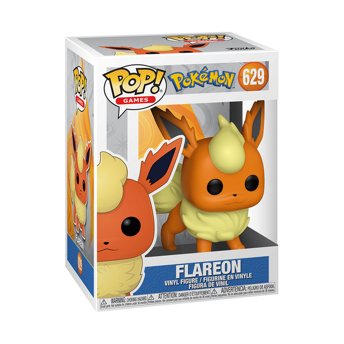 Funko POP! Pokemon: Flareon - #629 by Funko comes in a display box featuring branding and character imagery, and showcases the orange, fox-like Flareon with yellow fur accents.