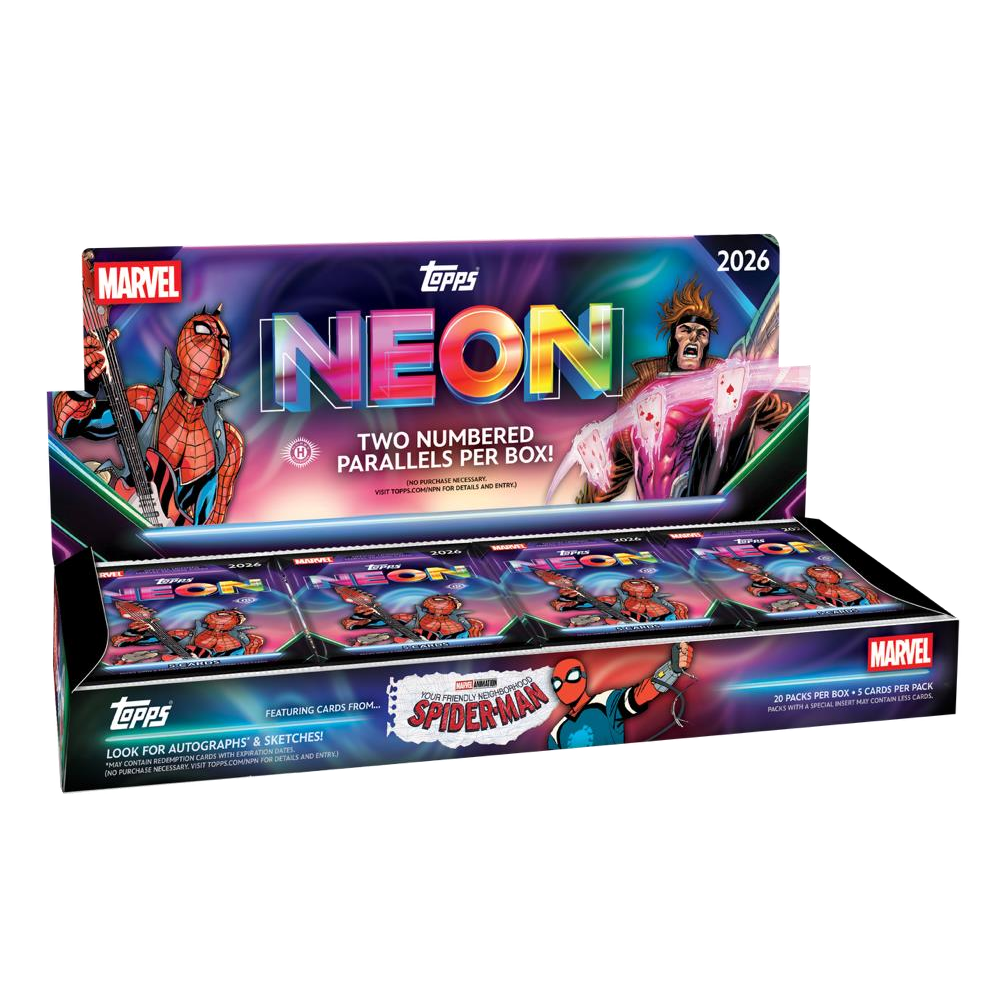 Topps Marvel 2026 Neon Hobby Box containing packs of Marvel-themed trading cards featuring illustrations of Spider-Man and Gambit.
