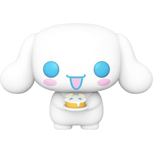 A Funko POP! Sanrio: Cinnamoroll (#92) figure by Funko, featuring an adorable white character with big blue eyes, floppy ears, pink cheeks, and a blue tongue holding a small yellow dessert, set against a plain white background.