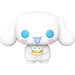 A Funko POP! Sanrio: Cinnamoroll (#92) figure by Funko, featuring an adorable white character with big blue eyes, floppy ears, pink cheeks, and a blue tongue holding a small yellow dessert, set against a plain white background.