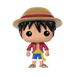 Funko POP! One Piece: Monkey D. Luffy - #98 by Funko, Inc. is a collectible figure depicting Monkey D. Luffy with his iconic straw hat, black hair, red open jacket, blue shorts, sandals, and yellow sash. The figure features a cartoonish design with large black eyes and a small facial scar under one eye.