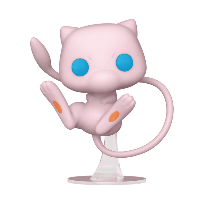 Funko POP! Pokemon: Mew #643 – en samlerobjekt-vinylfigur fra Funko, der forestiller den lyserøde Pokémon Mew med blå øjne og orange pletter, svævende med udstrakte lemmer på en klar displaystand.