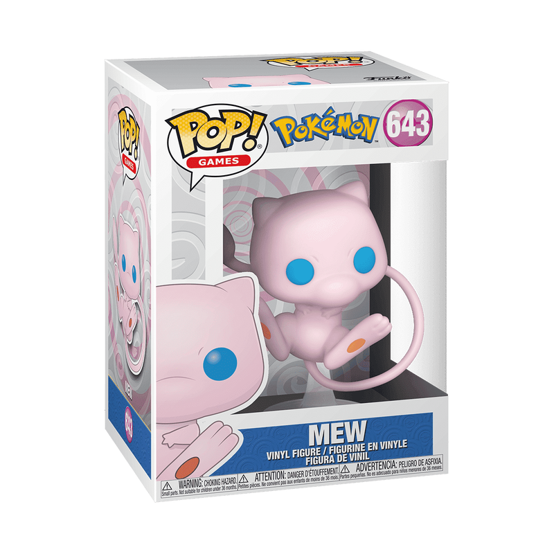 Funko POP! Pokemon: Mew #643 by Funko comes in its original box, featuring the cute pink, cat-like Pokémon with big blue eyes. This must-have collectible is visible through the clear window on the front and side of the packaging—perfect for any fan or collector.
