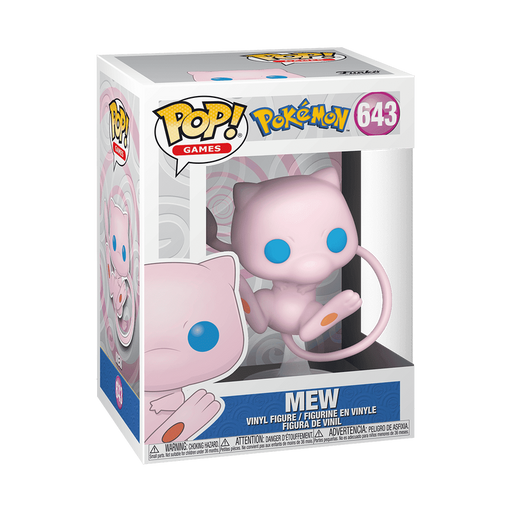 Funko POP! Pokemon: Mew #643 by Funko comes in its original box, featuring the cute pink, cat-like Pokémon with big blue eyes. This must-have collectible is visible through the clear window on the front and side of the packaging—perfect for any fan or collector.